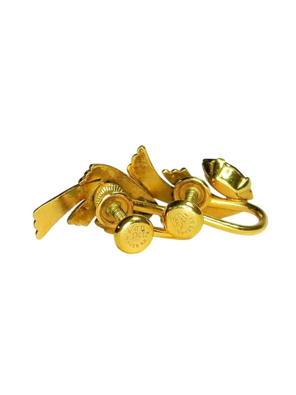 Van Dell Art Deco Earrings, 12K Gold Filled, Fan Design, Vintage Screw-Back Sign - Picture 3 of 5